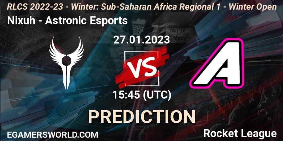 Nixuh contre Astronic Esports : prédiction de match. 27.01.2023 at 15:45. Rocket League, RLCS 2022-23 - Winter: Sub-Saharan Africa Regional 1 - Winter Open