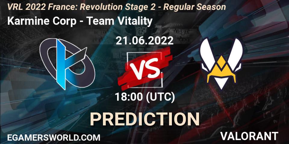 Karmine Corp contre Team Vitality : prédiction de match. 21.06.2022 at 18:15. VALORANT, VRL 2022 France: Revolution Stage 2 - Regular Season