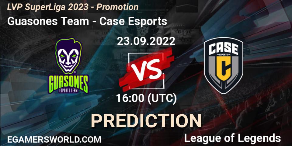 Guasones Team contre Case Esports : prédiction de match. 23.09.2022 at 16:00. LoL, LVP SuperLiga 2023 - Promotion