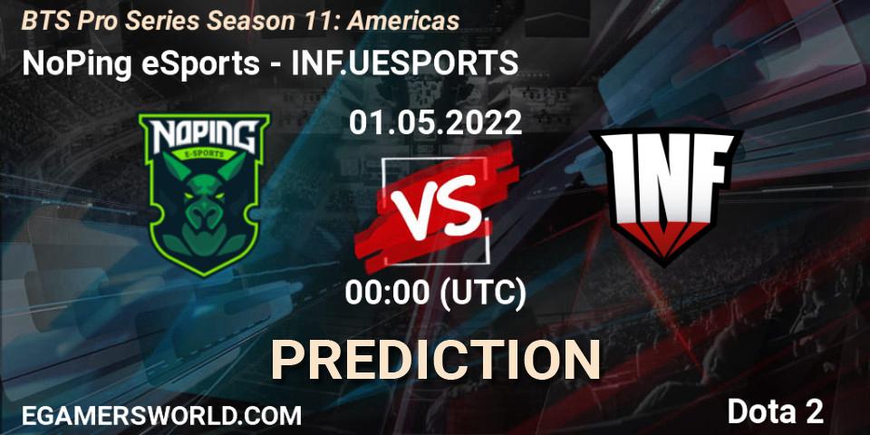 NoPing eSports contre INF.UESPORTS : prédiction de match. 30.04.2022 at 23:19. Dota 2, BTS Pro Series Season 11: Americas