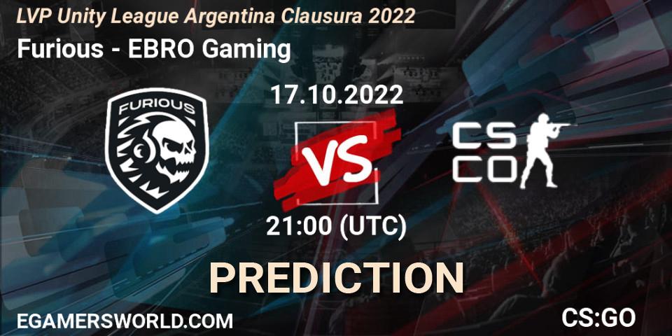 Furious contre EBRO Gaming : prédiction de match. 17.10.2022 at 21:00. Counter-Strike (CS2), LVP Unity League Argentina Clausura 2022
