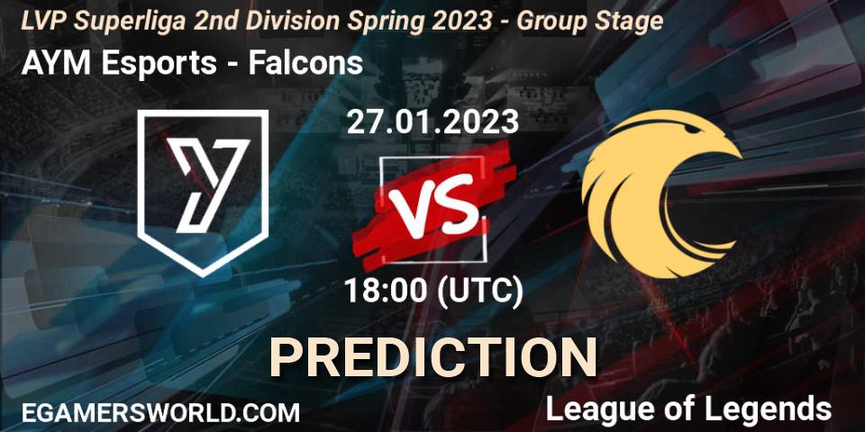 AYM Esports contre Falcons : prédiction de match. 27.01.2023 at 18:00. LoL, LVP Superliga 2nd Division Spring 2023 - Group Stage