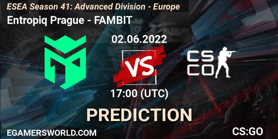 Entropiq Prague contre FAMBIT : prédiction de match. 02.06.2022 at 17:00. Counter-Strike (CS2), ESEA Season 41: Advanced Division - Europe