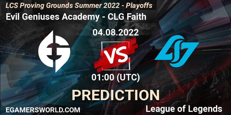 Evil Geniuses Academy contre CLG Faith : prédiction de match. 04.08.2022 at 00:00. LoL, LCS Proving Grounds Summer 2022 - Playoffs