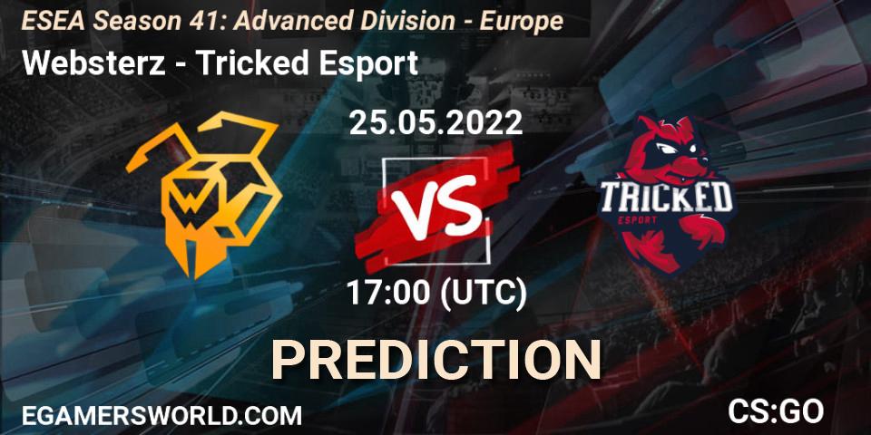 Websterz contre Tricked Esport : prédiction de match. 25.05.2022 at 17:00. Counter-Strike (CS2), ESEA Season 41: Advanced Division - Europe