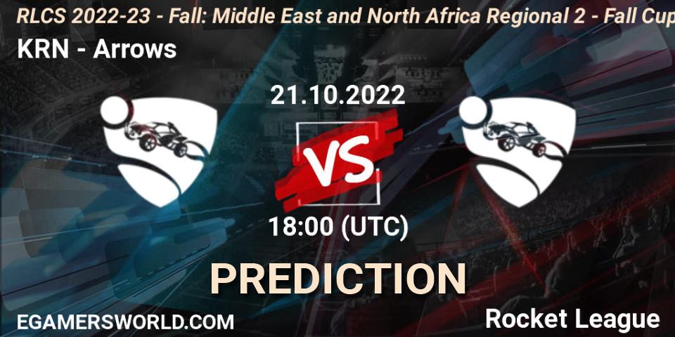 KRN contre Arrows : prédiction de match. 21.10.2022 at 17:00. Rocket League, RLCS 2022-23 - Fall: Middle East and North Africa Regional 2 - Fall Cup