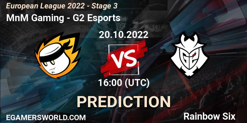 MnM Gaming contre G2 Esports : prédiction de match. 20.10.2022 at 19:45. Rainbow Six, European League 2022 - Stage 3