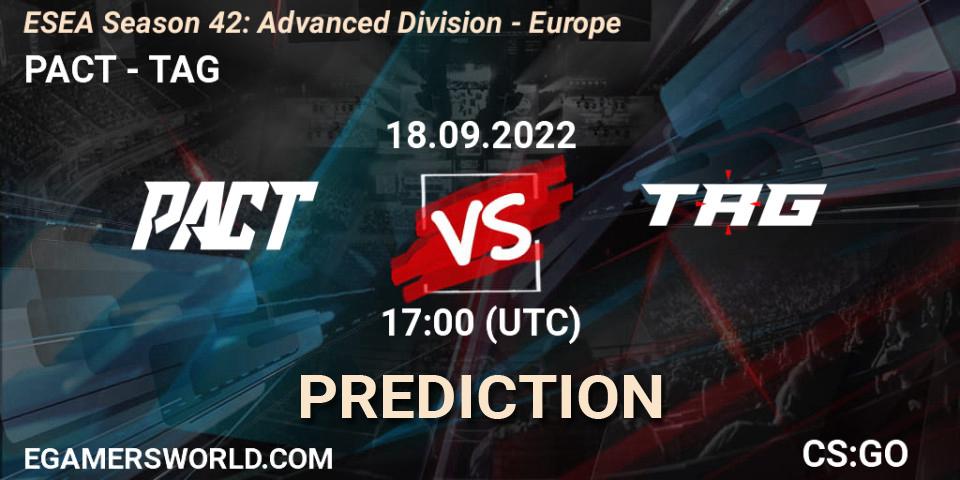 PACT contre TAG : prédiction de match. 18.09.2022 at 17:00. Counter-Strike (CS2), ESEA Season 42: Advanced Division - Europe