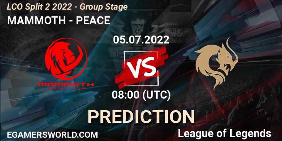 MAMMOTH contre PEACE : prédiction de match. 05.07.2022 at 08:00. LoL, LCO Split 2 2022 - Group Stage