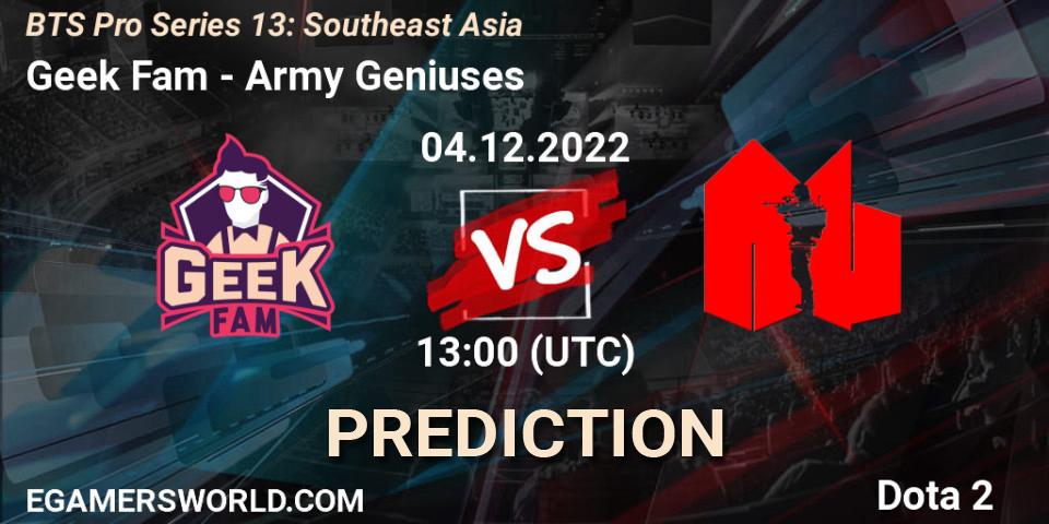 Geek Fam contre Army Geniuses : prédiction de match. 04.12.22. Dota 2, BTS Pro Series 13: Southeast Asia