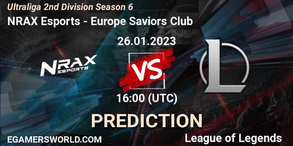 NRAX Esports contre Europe Saviors Club : prédiction de match. 26.01.2023 at 16:00. LoL, Ultraliga 2nd Division Season 6