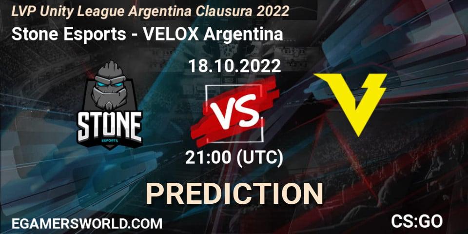 Stone Esports contre VELOX Argentina : prédiction de match. 18.10.2022 at 21:00. Counter-Strike (CS2), LVP Unity League Argentina Clausura 2022