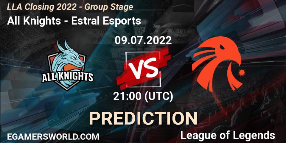 All Knights contre Estral Esports : prédiction de match. 09.07.2022 at 21:00. LoL, LLA Closing 2022 - Group Stage