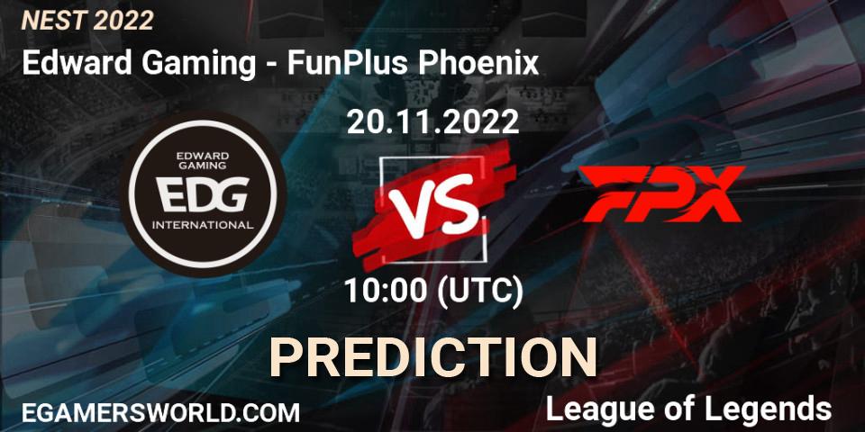 Edward Gaming contre FunPlus Phoenix : prédiction de match. 20.11.2022 at 10:00. LoL, NEST 2022