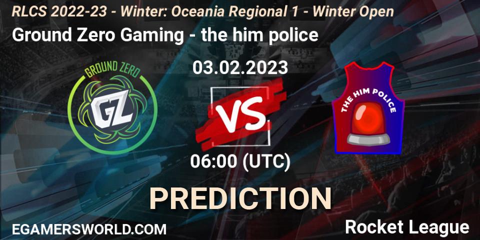 Ground Zero Gaming contre the him police : prédiction de match. 03.02.2023 at 06:00. Rocket League, RLCS 2022-23 - Winter: Oceania Regional 1 - Winter Open