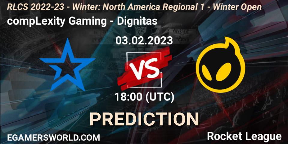 compLexity Gaming contre Dignitas : prédiction de match. 03.02.2023 at 18:00. Rocket League, RLCS 2022-23 - Winter: North America Regional 1 - Winter Open