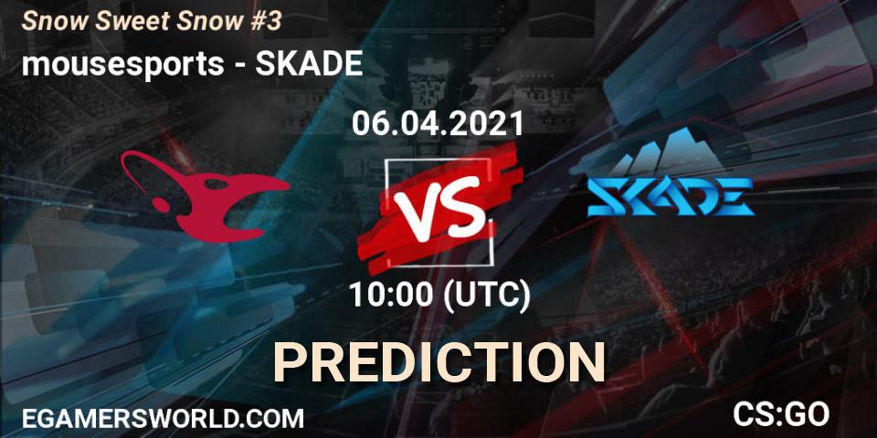mousesports contre SKADE : prédiction de match. 06.04.2021 at 10:00. Counter-Strike (CS2), Snow Sweet Snow #3