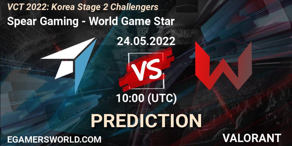 Spear Gaming contre World Game Star : prédiction de match. 24.05.2022 at 11:00. VALORANT, VCT 2022: Korea Stage 2 Challengers