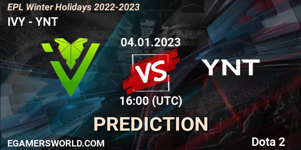 IVY contre YNT : prédiction de match. 04.01.2023 at 16:03. Dota 2, EPL Winter Holidays 2022-2023