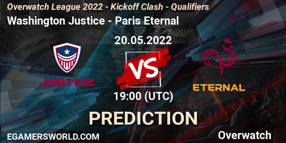 Washington Justice contre Paris Eternal : prédiction de match. 20.05.2022 at 19:00. Overwatch, Overwatch League 2022 - Kickoff Clash - Qualifiers