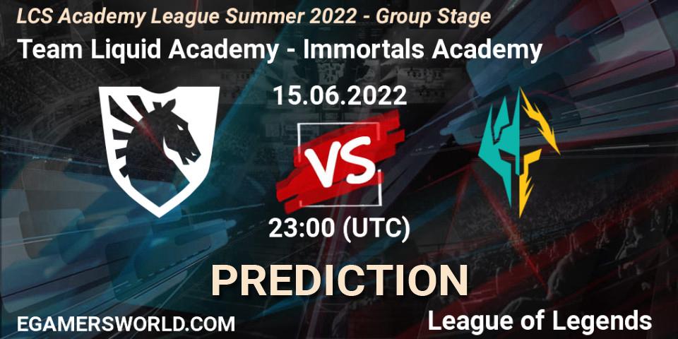 Team Liquid Academy contre Immortals Academy : prédiction de match. 15.06.2022 at 22:00. LoL, LCS Academy League Summer 2022 - Group Stage