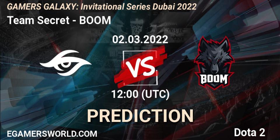Team Secret contre BOOM : prédiction de match. 02.03.2022 at 11:15. Dota 2, GAMERS GALAXY: Invitational Series Dubai 2022