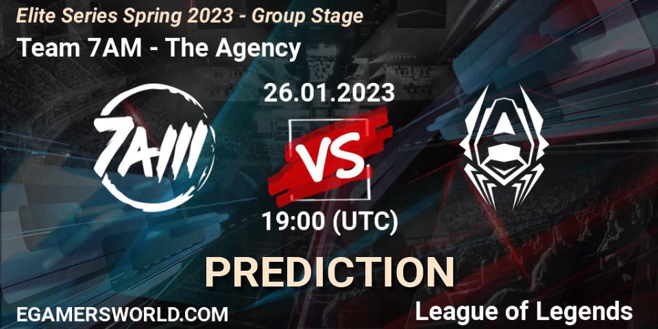 Team 7AM contre The Agency : prédiction de match. 26.01.2023 at 19:00. LoL, Elite Series Spring 2023 - Group Stage