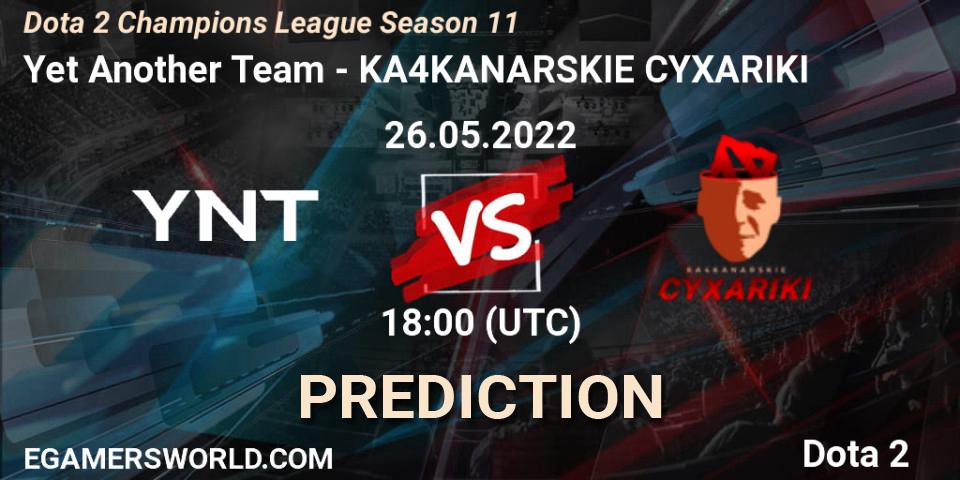Yet Another Team contre KA4KANARSKIE CYXARIKI : prédiction de match. 26.05.2022 at 19:13. Dota 2, Dota 2 Champions League Season 11