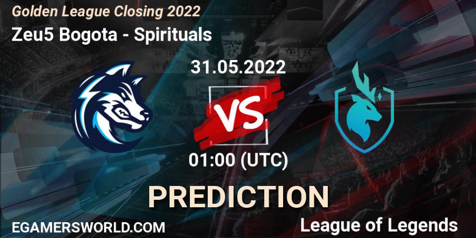 Zeu5 Bogota contre Spirituals : prédiction de match. 31.05.2022 at 01:00. LoL, Golden League Closing 2022
