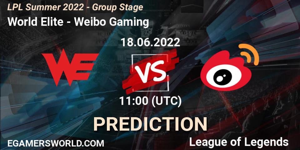 World Elite contre Weibo Gaming : prédiction de match. 18.06.2022 at 11:00. LoL, LPL Summer 2022 - Group Stage