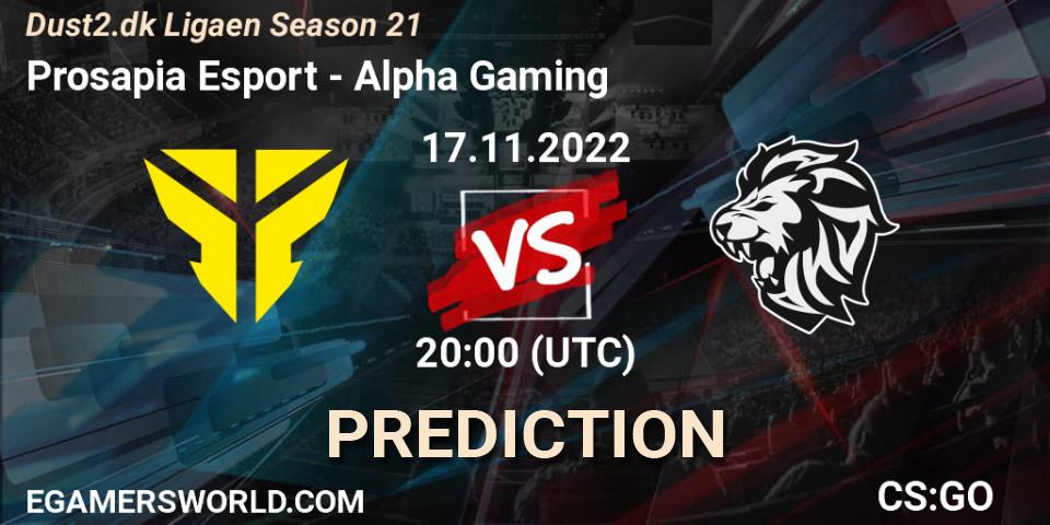 Prosapia Esport contre Alpha Gaming : prédiction de match. 17.11.2022 at 20:00. Counter-Strike (CS2), Dust2.dk Ligaen Season 21