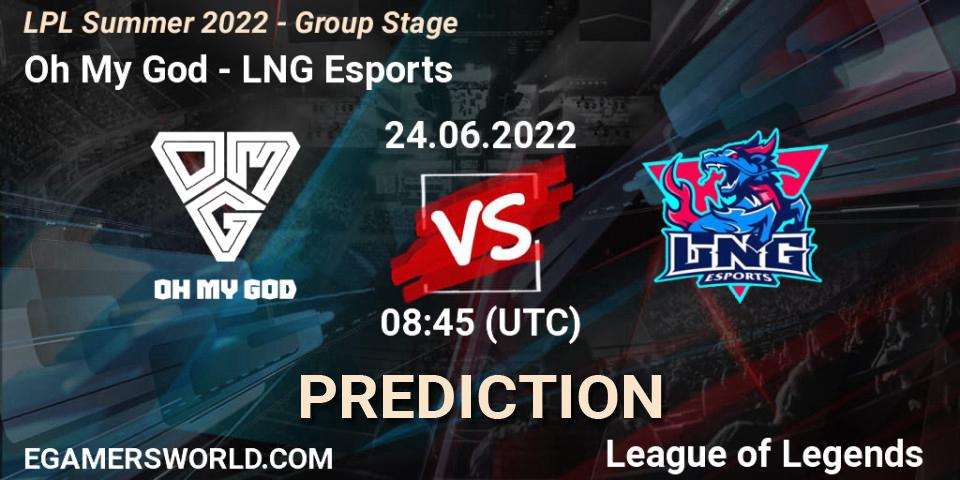 Oh My God contre LNG Esports : prédiction de match. 24.06.2022 at 09:00. LoL, LPL Summer 2022 - Group Stage