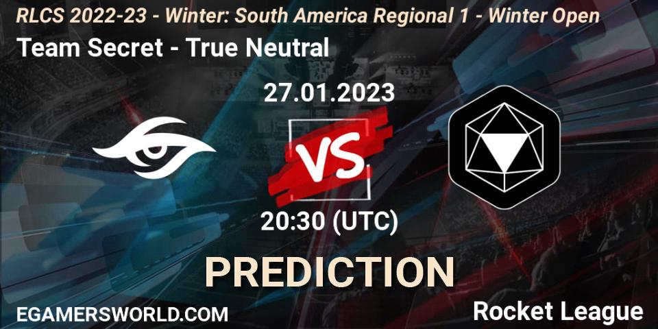 Team Secret contre True Neutral : prédiction de match. 27.01.2023 at 20:30. Rocket League, RLCS 2022-23 - Winter: South America Regional 1 - Winter Open