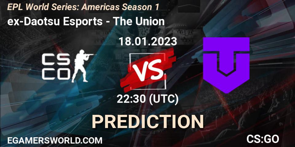 ex-Daotsu Esports contre The Union : prédiction de match. 19.01.2023 at 19:00. Counter-Strike (CS2), EPL World Series: Americas Season 1