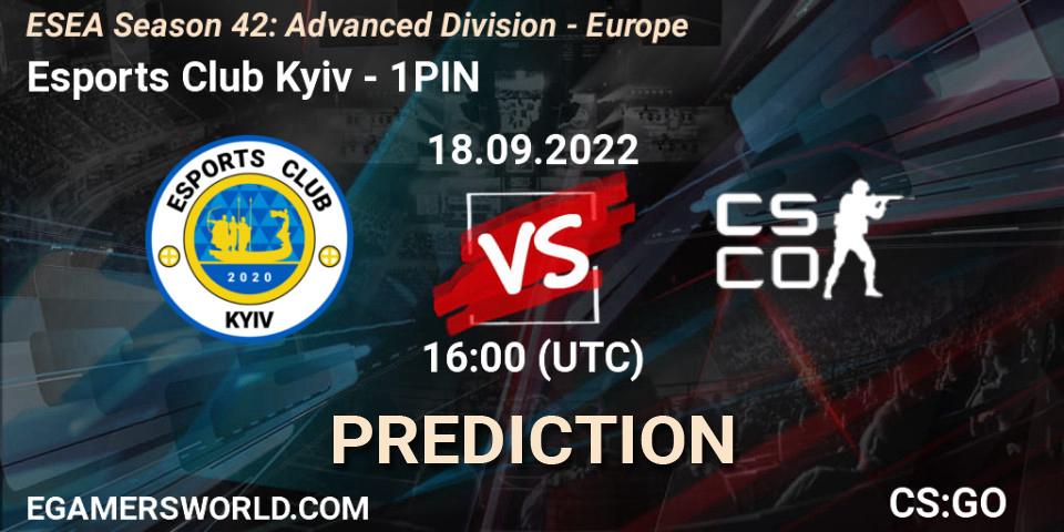 Esports Club Kyiv contre 1PIN : prédiction de match. 18.09.2022 at 16:00. Counter-Strike (CS2), ESEA Season 42: Advanced Division - Europe