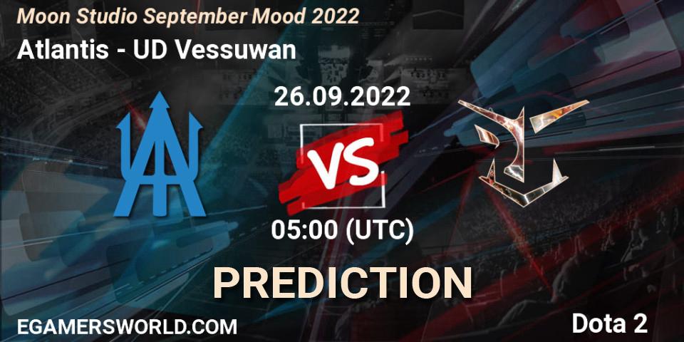 Atlantis contre UD Vessuwan : prédiction de match. 26.09.2022 at 05:00. Dota 2, Moon Studio September Mood 2022