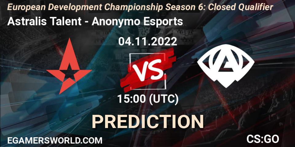 Astralis Talent contre Anonymo Esports : prédiction de match. 04.11.2022 at 15:00. Counter-Strike (CS2), European Development Championship Season 6: Closed Qualifier