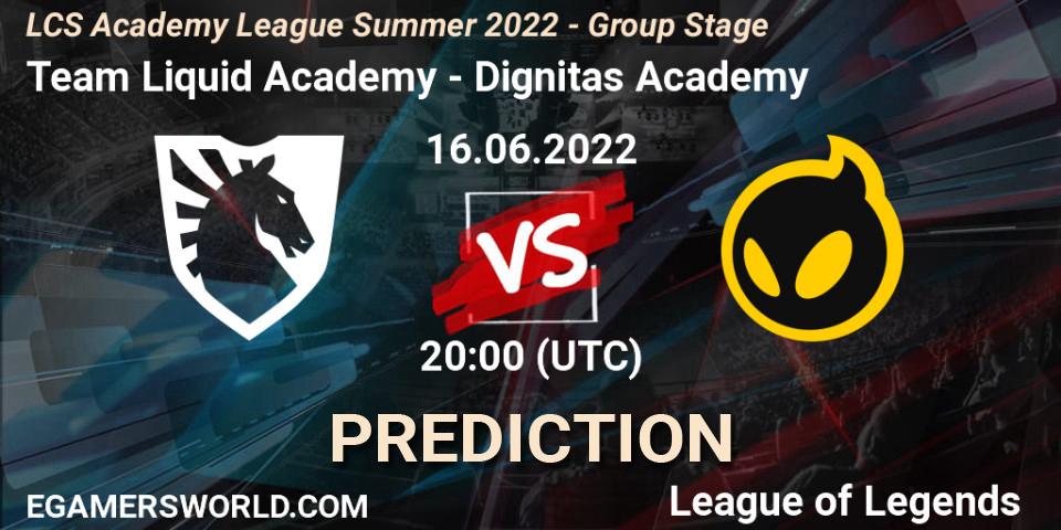 Team Liquid Academy contre Dignitas Academy : prédiction de match. 16.06.2022 at 20:00. LoL, LCS Academy League Summer 2022 - Group Stage