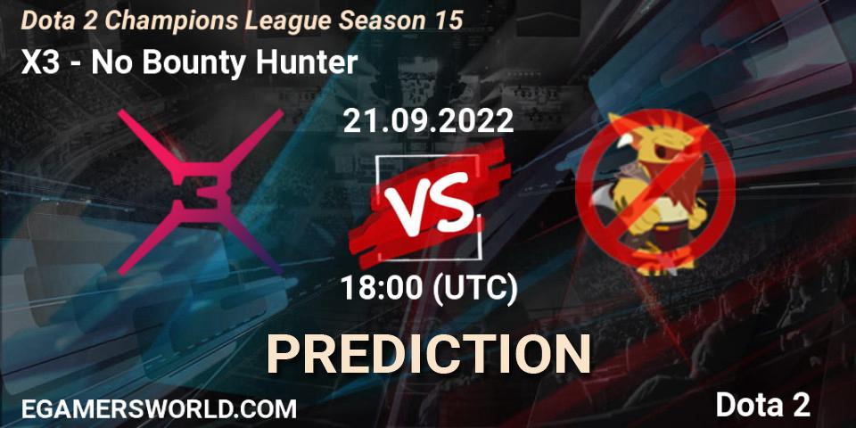 X3 contre No Bounty Hunter : prédiction de match. 21.09.2022 at 18:59. Dota 2, Dota 2 Champions League Season 15