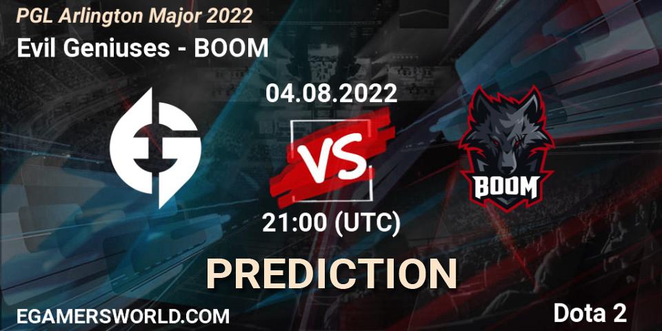 Evil Geniuses contre BOOM : prédiction de match. 04.08.2022 at 21:58. Dota 2, PGL Arlington Major 2022 - Group Stage