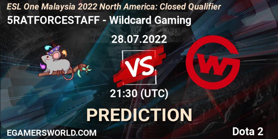 5RATFORCESTAFF contre Wildcard Gaming : prédiction de match. 28.07.2022 at 21:44. Dota 2, ESL One Malaysia 2022 North America: Closed Qualifier