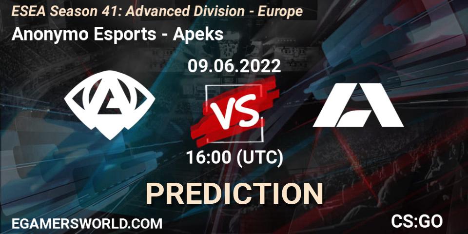 Anonymo Esports contre Apeks : prédiction de match. 09.06.2022 at 16:00. Counter-Strike (CS2), ESEA Season 41: Advanced Division - Europe