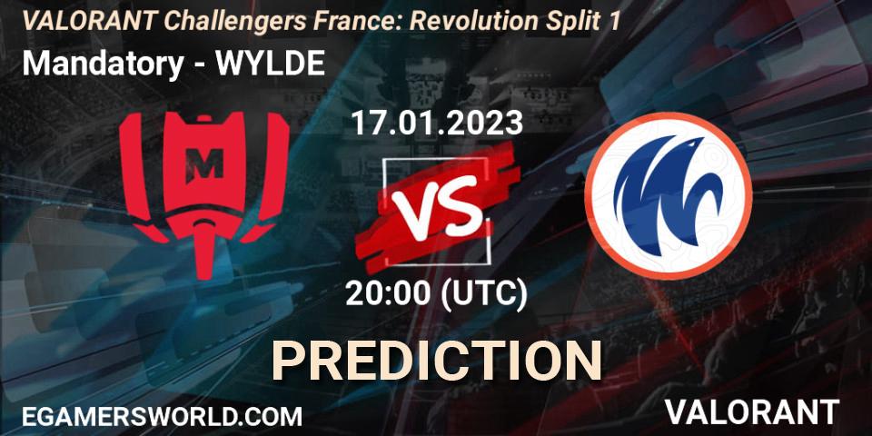 Mandatory contre WYLDE : prédiction de match. 17.01.2023 at 20:30. VALORANT, VALORANT Challengers 2023 France: Revolution Split 1