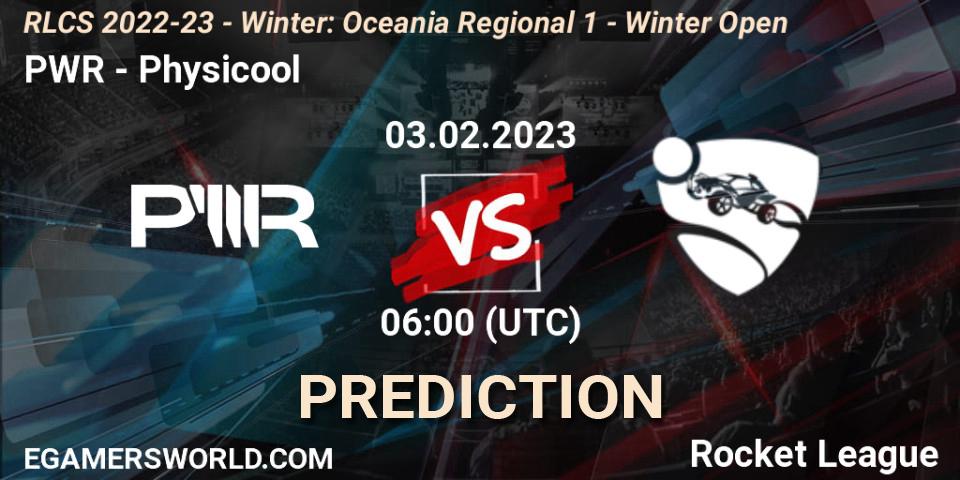 PWR contre Physicool : prédiction de match. 03.02.2023 at 06:00. Rocket League, RLCS 2022-23 - Winter: Oceania Regional 1 - Winter Open