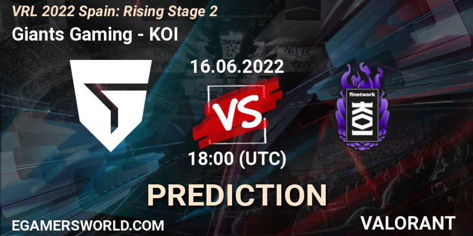 Giants Gaming contre KOI : prédiction de match. 16.06.2022 at 18:20. VALORANT, VRL 2022 Spain: Rising Stage 2