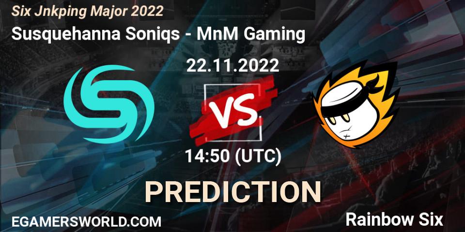 Susquehanna Soniqs contre MnM Gaming : prédiction de match. 22.11.2022 at 14:50. Rainbow Six, Six Jönköping Major 2022
