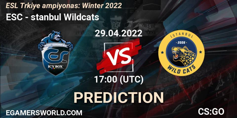 ESC contre İstanbul Wildcats : prédiction de match. 29.04.2022 at 17:00. Counter-Strike (CS2), ESL Türkiye Şampiyonası: Winter 2022
