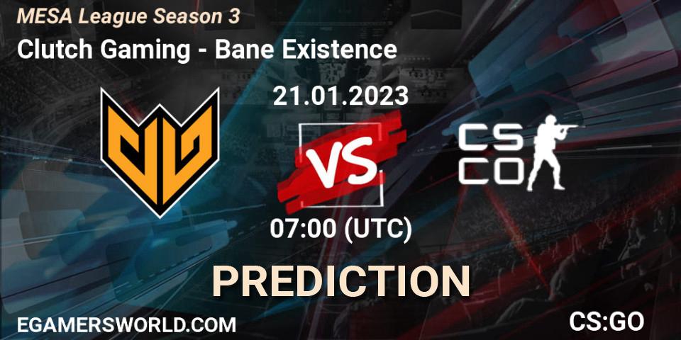 Clutch Gaming contre Bane Existence : prédiction de match. 21.01.2023 at 06:30. Counter-Strike (CS2), MESA League Season 3