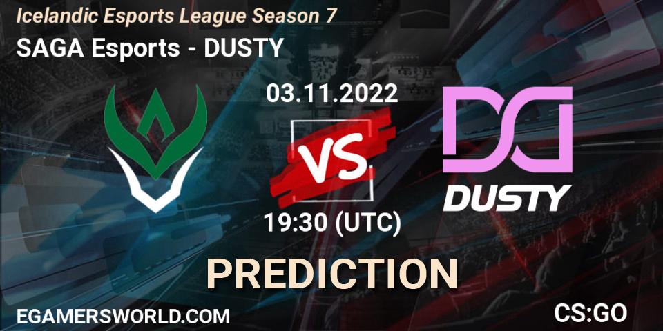 SAGA Esports contre DUSTY : prédiction de match. 03.11.2022 at 19:30. Counter-Strike (CS2), Icelandic Esports League Season 7