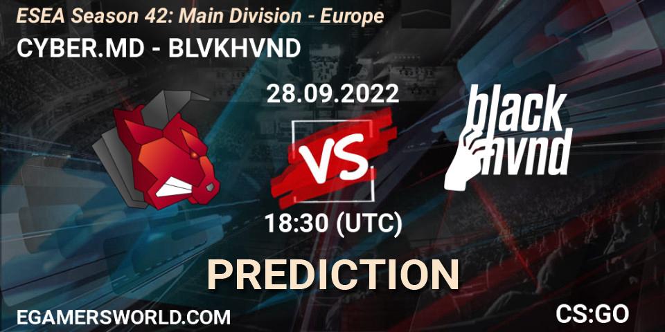 CYBER.MD contre BLVKHVND : prédiction de match. 28.09.2022 at 18:30. Counter-Strike (CS2), ESEA Season 42: Main Division - Europe